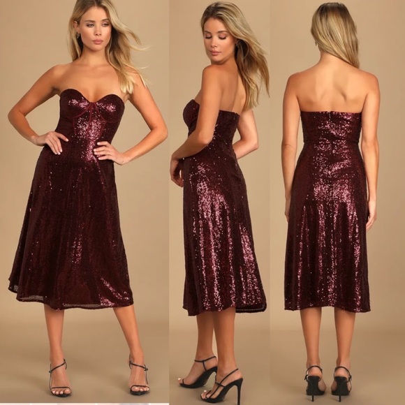 Lulus Dresses & Skirts - Lulu's wine red sequin strapless bustier dress